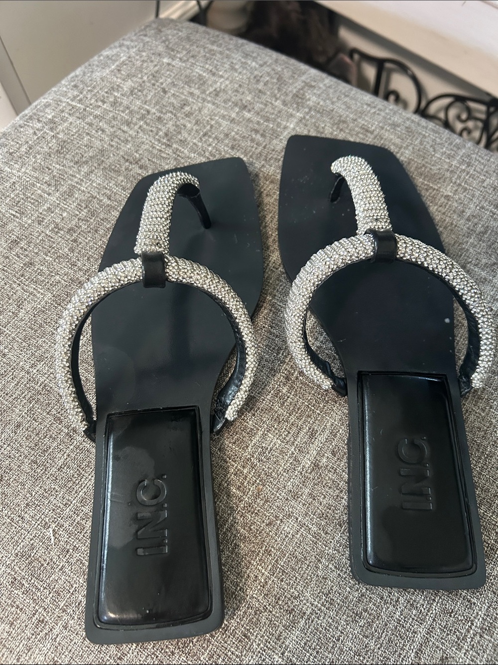 INC International Concepts Black Sandals with Silver Rhinestone Ring Detail